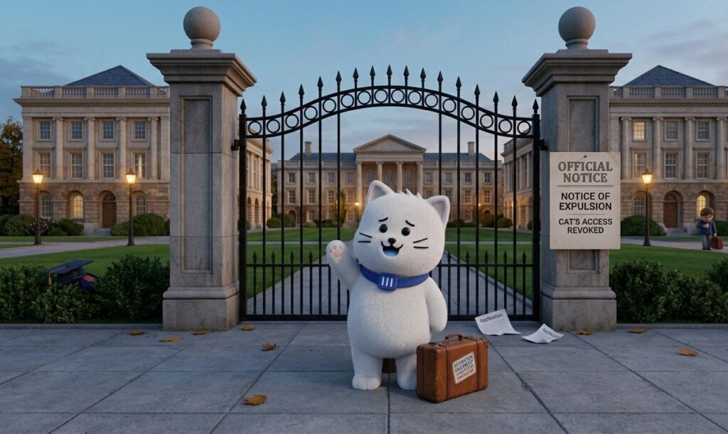 Cartoon cat with a suitcase outside a locked university gate, beside an official notice of expulsion revoking its access
