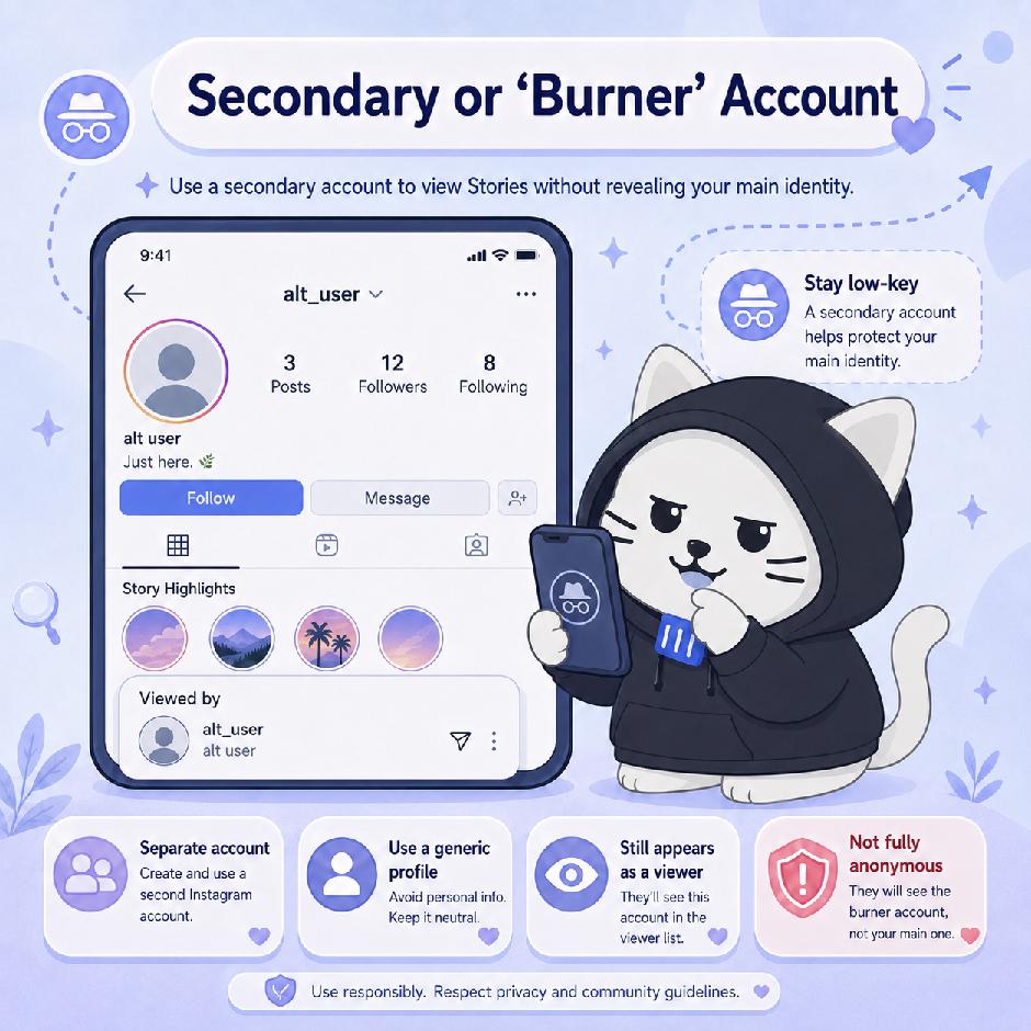 Illustration of a hooded cat behind a burner Instagram profile that shows up in a Story’s Viewed by list