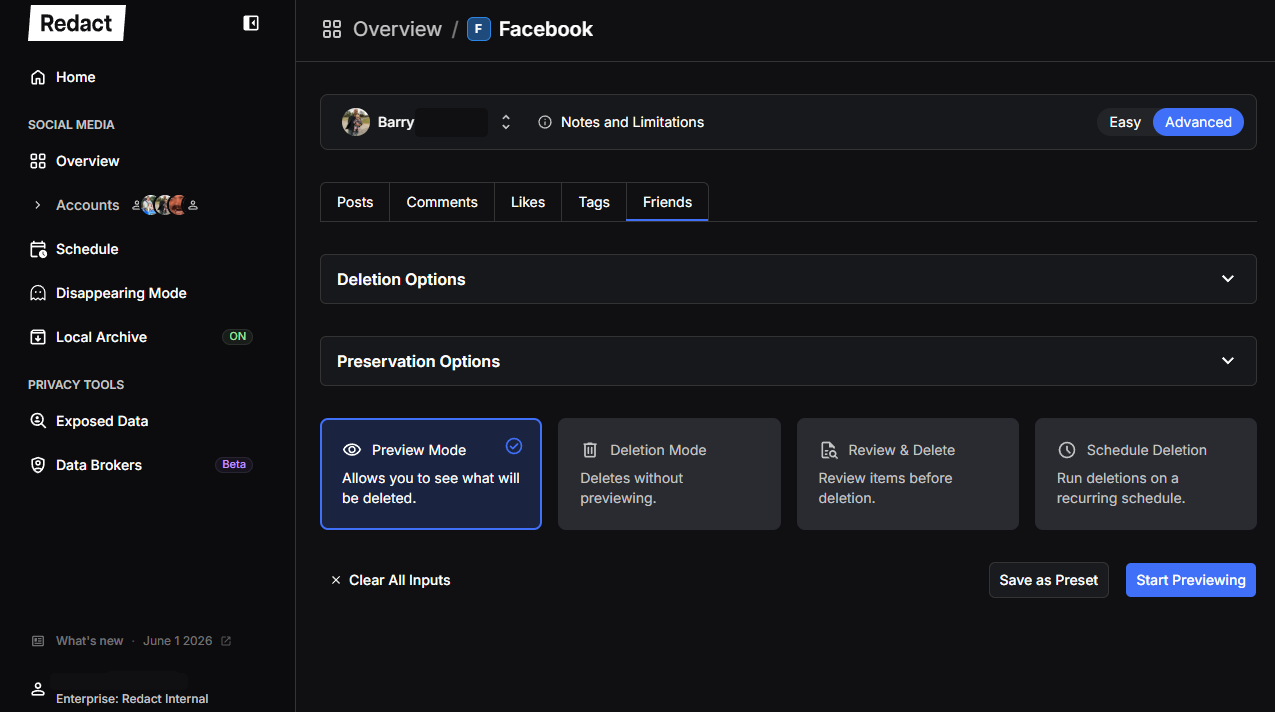 The Redact Facebook friend removal start page, showing the Friends tab and removal modes