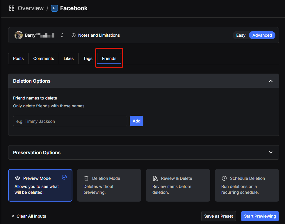 The Friends tab selected inside the Redact Advanced Form