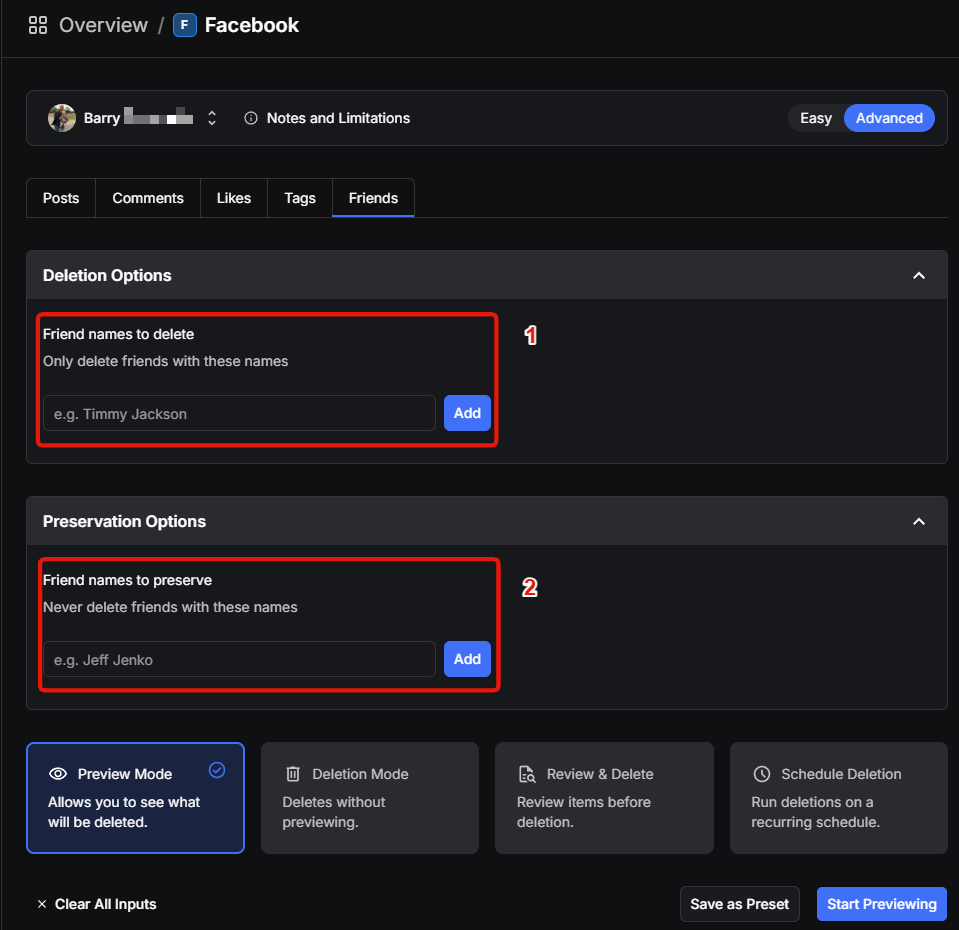 Mass unfriend filter and mode options in Redact