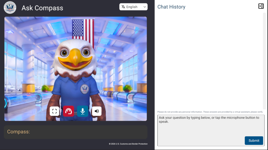 CBP's Ask Compass virtual assistant, an animated eagle avatar beside a chat history panel and a question box