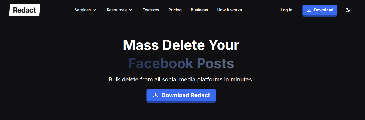 The redact.dev homepage reading “Mass Delete Your Facebook Posts” above a Download Redact button