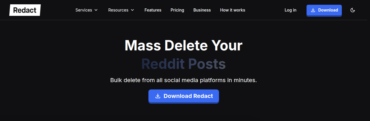 The redact.dev homepage reading “Mass Delete Your Reddit Posts” above a Download Redact button