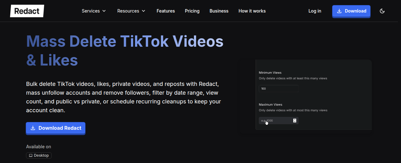 Redact’s TikTok page headed “Mass Delete TikTok Videos & Likes”, with a Download Redact button