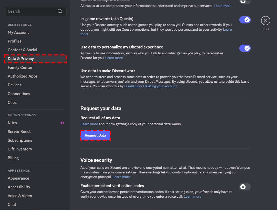 Discord's Data & Privacy settings, with the Data & Privacy tab and the Request Data button outlined in red
