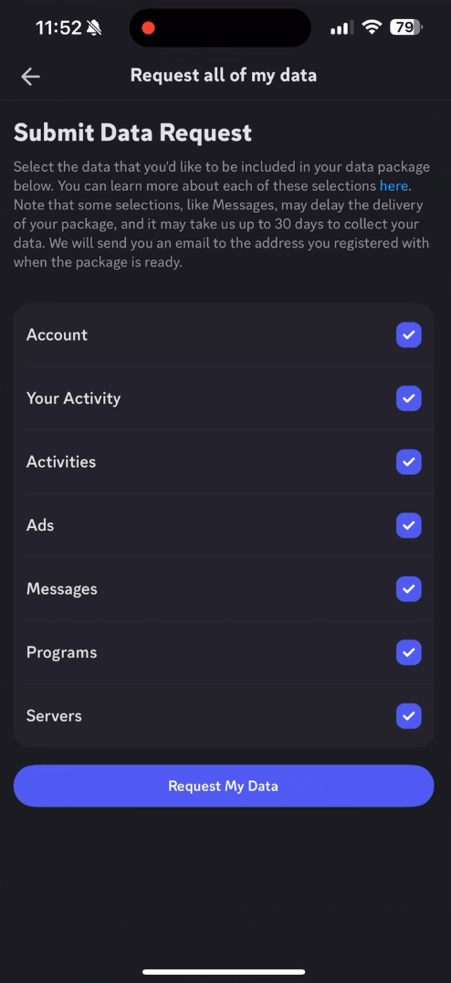 Discord's Submit Data Request screen on mobile with all seven categories ticked, Account, Your Activity, Activities, Ads, Messages, Programs and Servers