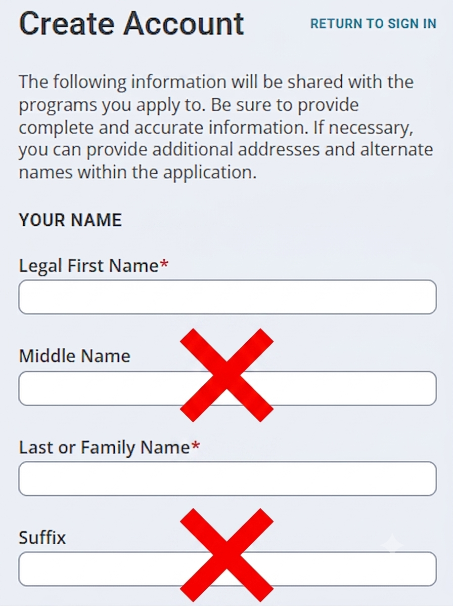 Signup form with optional fields crossed out