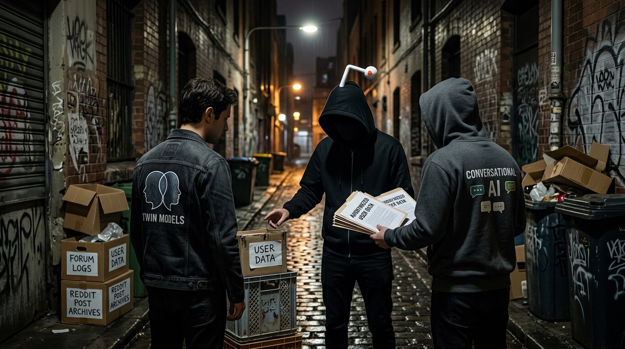In a graffiti-covered back alley at night, a hooded figure with a Reddit alien antenna hands folders marked anonymized user data to two buyers, next to boxes labelled Reddit post archives and user data