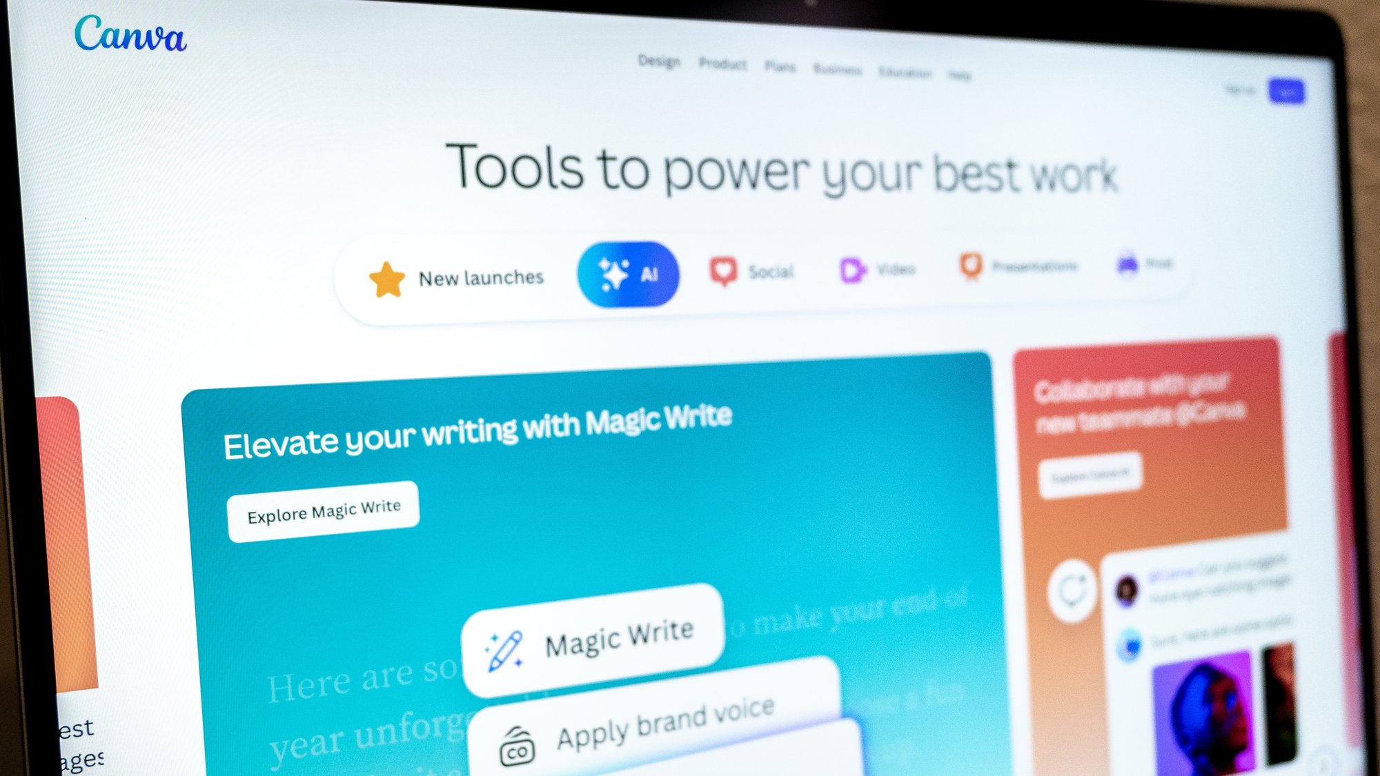 Canva's homepage on a laptop screen, with the AI tab selected and Magic Write open