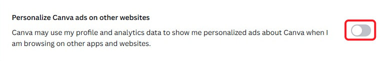 The Personalize Canva ads on other websites setting with its toggle circled in red