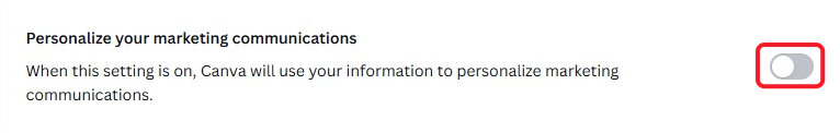 The Personalize your marketing communications setting with its toggle circled in red