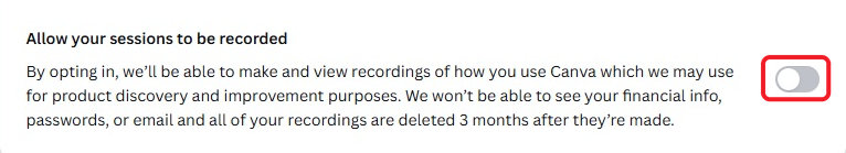 The Allow your sessions to be recorded setting with its toggle circled in red