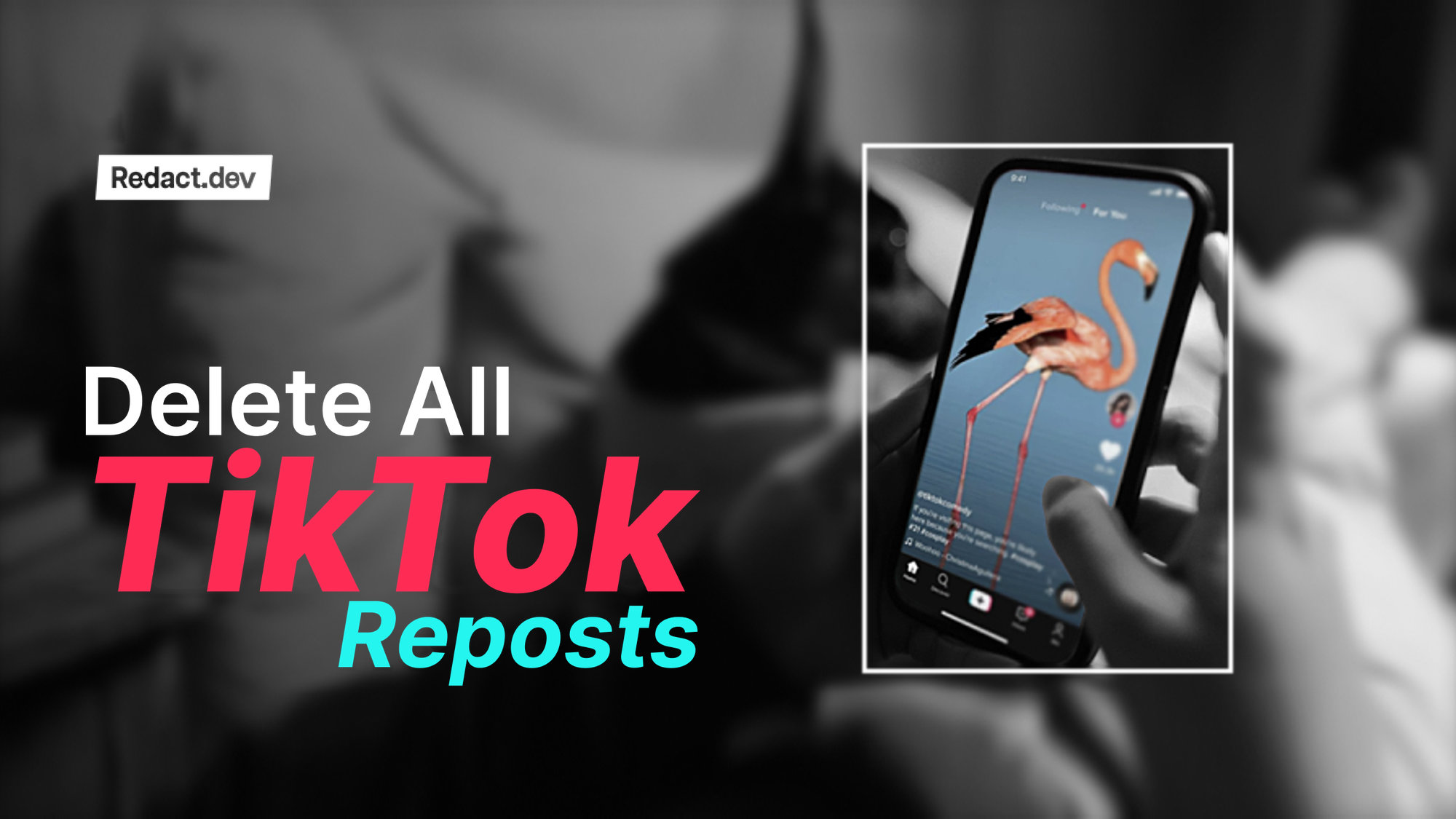A hand holding a phone playing a TikTok video of a flamingo, next to the words Delete All TikTok Reposts