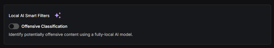 Redact's Local AI Smart Filters panel with the Offensive Classification setting, which identifies potentially offensive content using a fully local AI model
