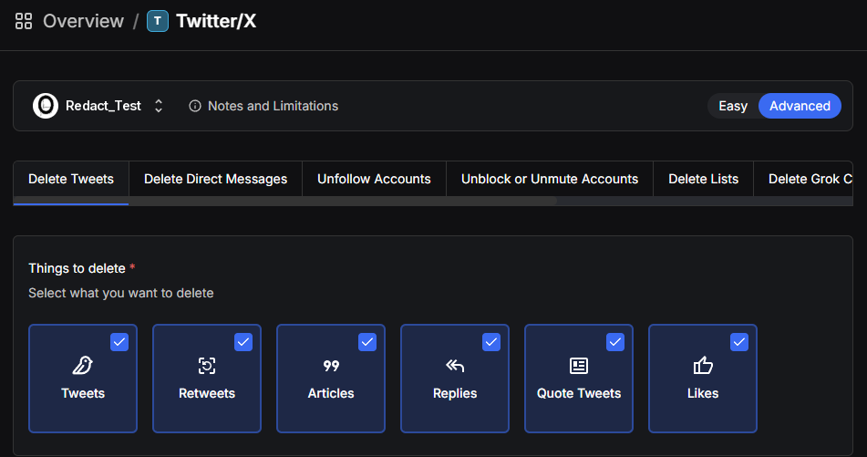 Redact's Twitter/X form in Advanced mode on the Delete Tweets tab, with Tweets, Retweets, Articles, Replies, Quote Tweets and Likes all ticked under Things to delete