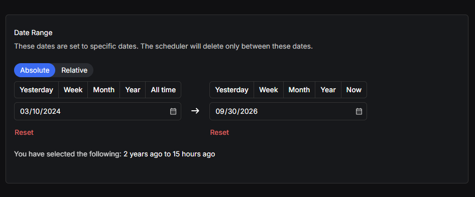 Redact's Date Range panel on Absolute, with Yesterday, Week, Month, Year and All time on the left, Yesterday to Now on the right, and a summary of the dates picked