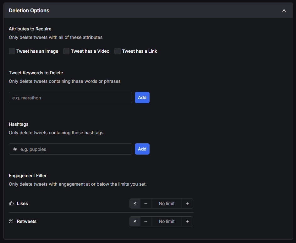 Redact's Deletion Options panel with Attributes to Require, Tweet Keywords to Delete, Hashtags and an Engagement Filter for likes and retweets