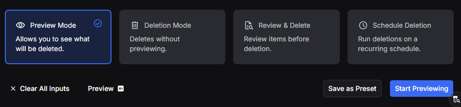 Redact's four modes, Preview Mode, Deletion Mode, Review & Delete and Schedule Deletion, above the Clear All Inputs, Save as Preset and Start Previewing buttons