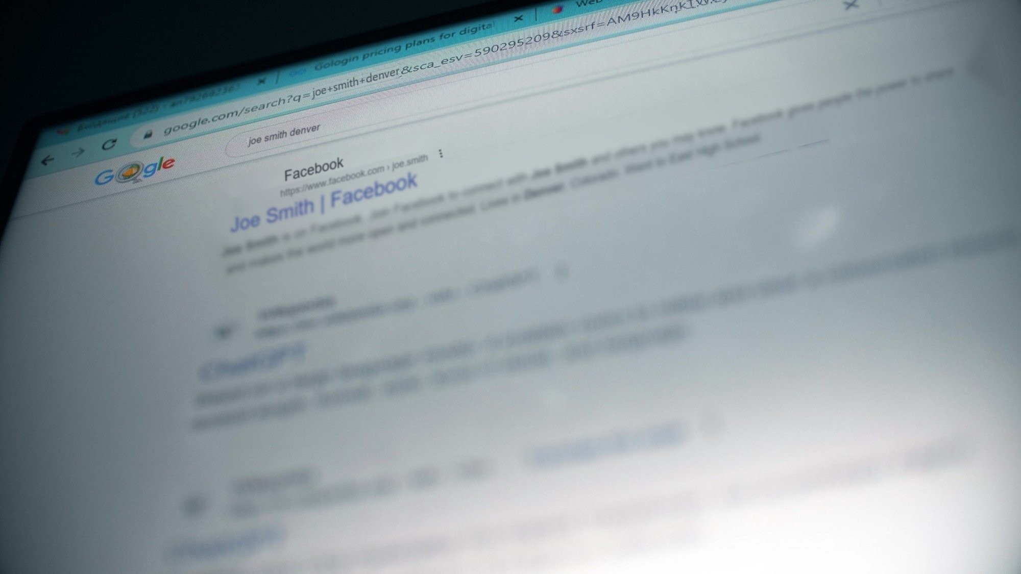 A Google search for joe smith denver with a Facebook profile as the top result