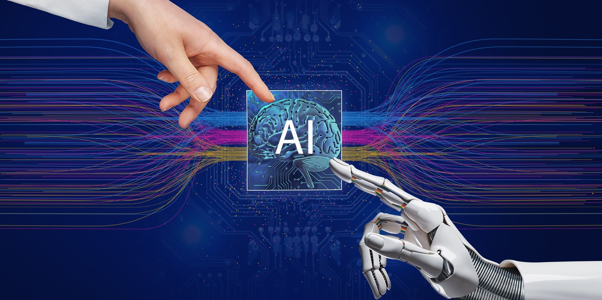 A human hand and a robot hand reaching toward a glowing brain chip marked AI, over a blue circuit board