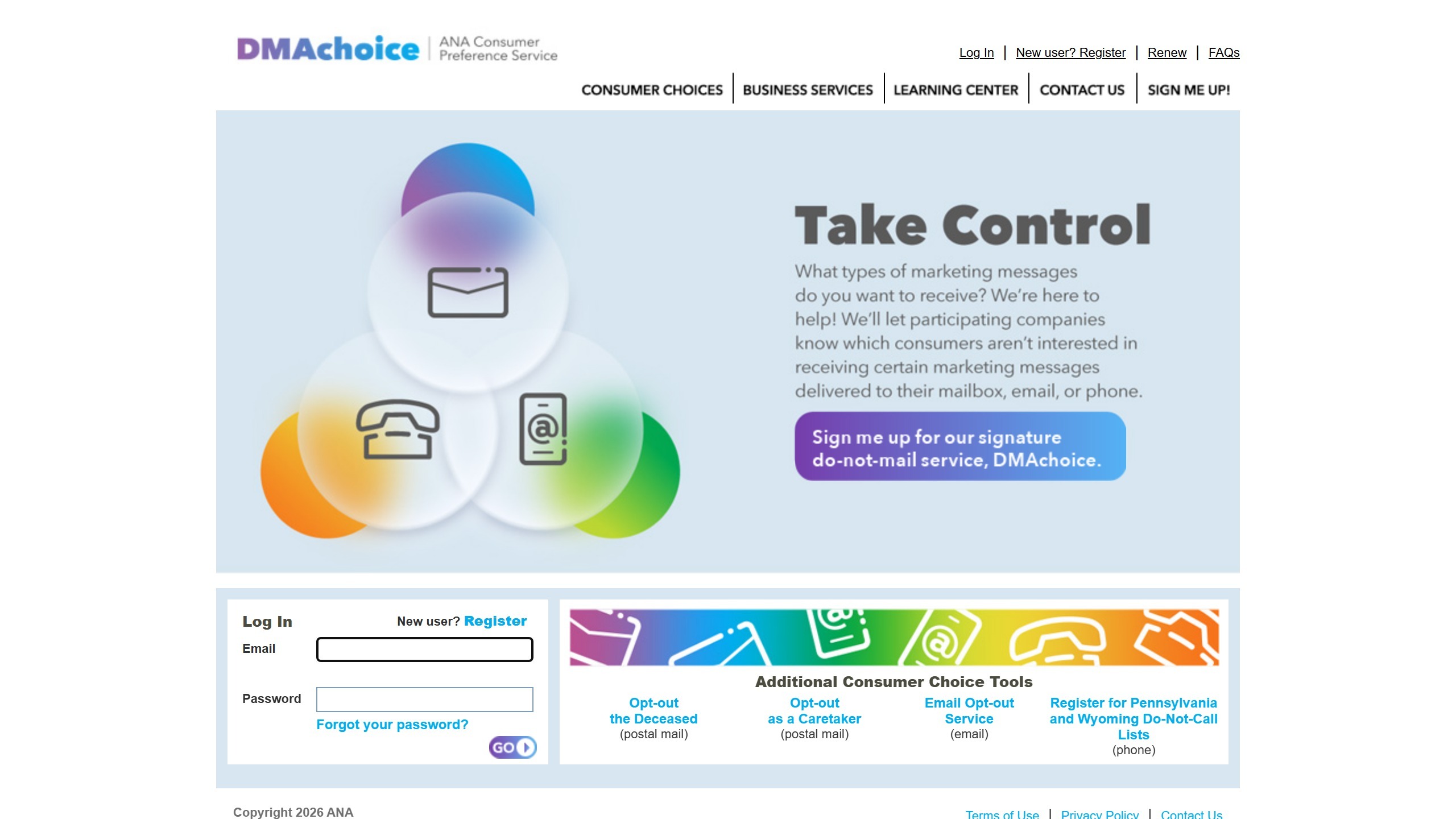 The DMAchoice homepage, headed Take Control, above its row of additional consumer choice tools