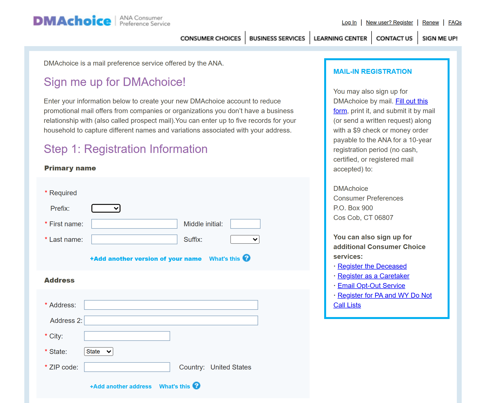 The DMAchoice sign-up page, with the name and address fields on the left and the mail-in registration details on the right