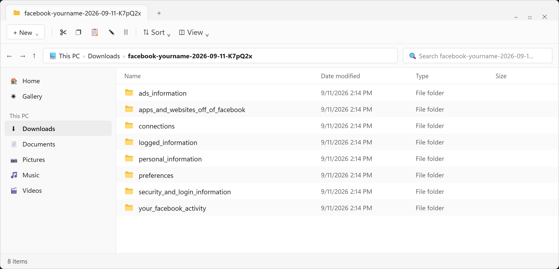 A Windows File Explorer window showing an unzipped Facebook export, with eight folders from ads_information to your_facebook_activity