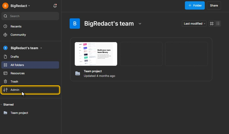 A recreation of Figma's file browser on a Professional team, with Admin highlighted in the left sidebar