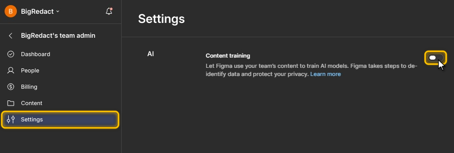 A recreation of the Settings page in Figma's Admin area, with Settings and the Content training switch highlighted
