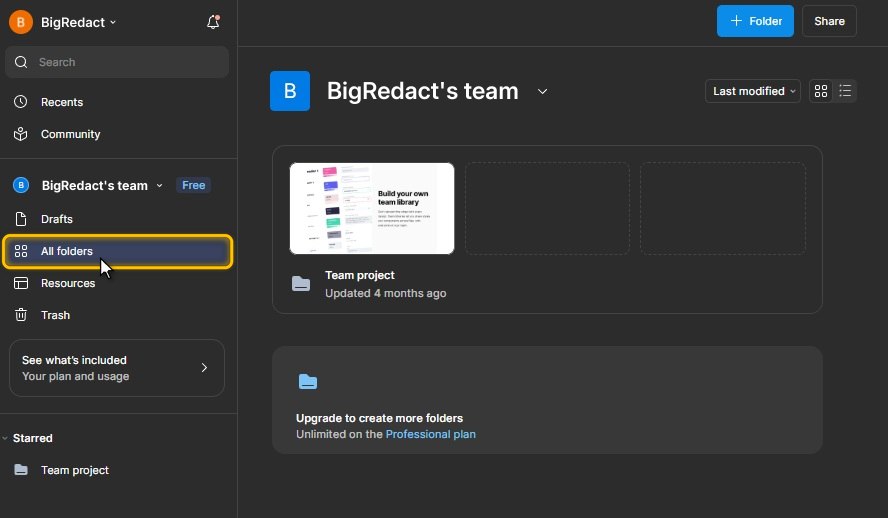Figma's file browser on a free Starter team, with All folders highlighted in the left sidebar