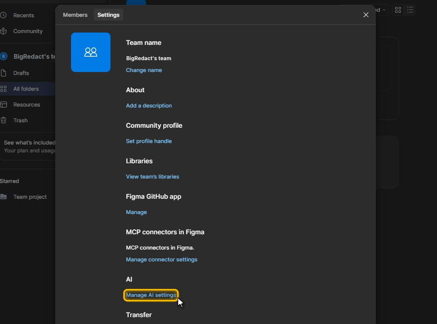 The team settings window on its Settings tab, with Manage AI settings highlighted under AI