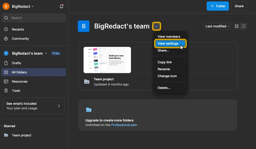 The menu under the down arrow next to the team name, with View settings highlighted