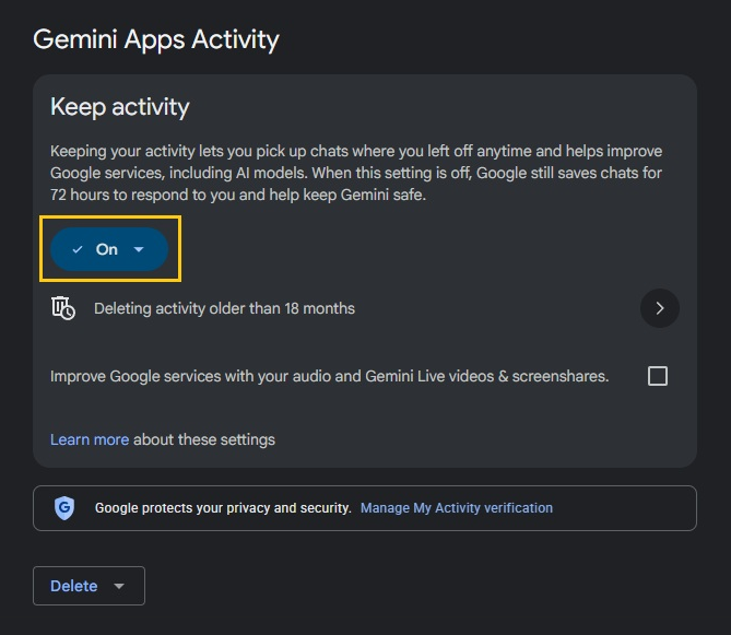The Gemini Apps Activity page on a computer, with the On button under Keep activity highlighted
