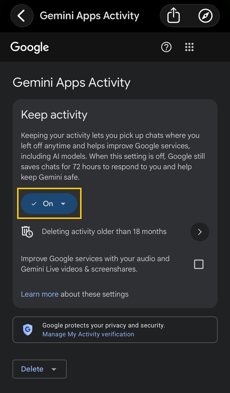 The Gemini Apps Activity page on a phone, with the On button under Keep activity highlighted