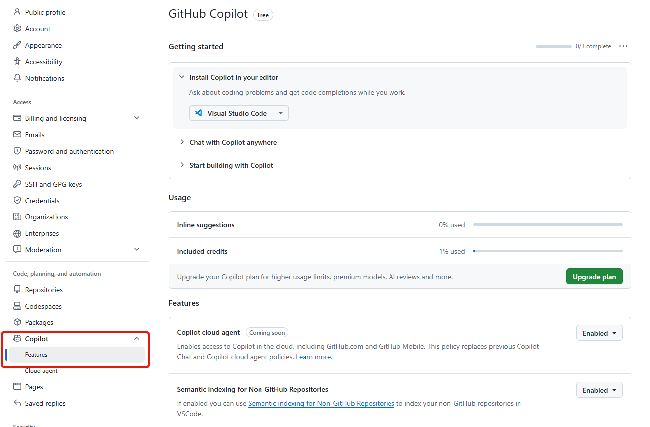 The GitHub settings sidebar with Copilot expanded to Features and Cloud agent, beside the Copilot page showing the Free plan badge and the Features list