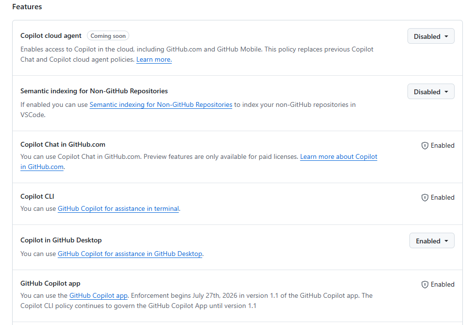 The Features list on the Copilot settings page with Copilot cloud agent and Semantic indexing for Non-GitHub Repositories both set to Disabled