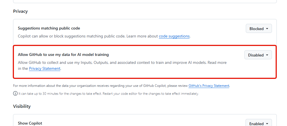 The Privacy section of the Copilot settings page, with Allow GitHub to use my data for AI model training set to Disabled