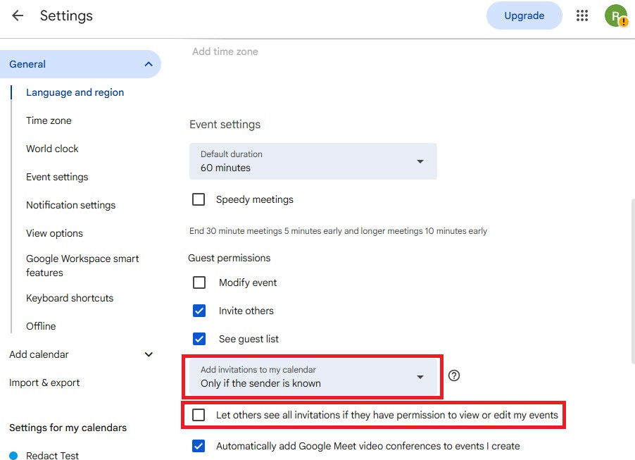 Google Calendar's Event settings with Add invitations to my calendar set to Only if the sender is known and Let others see all invitations unchecked