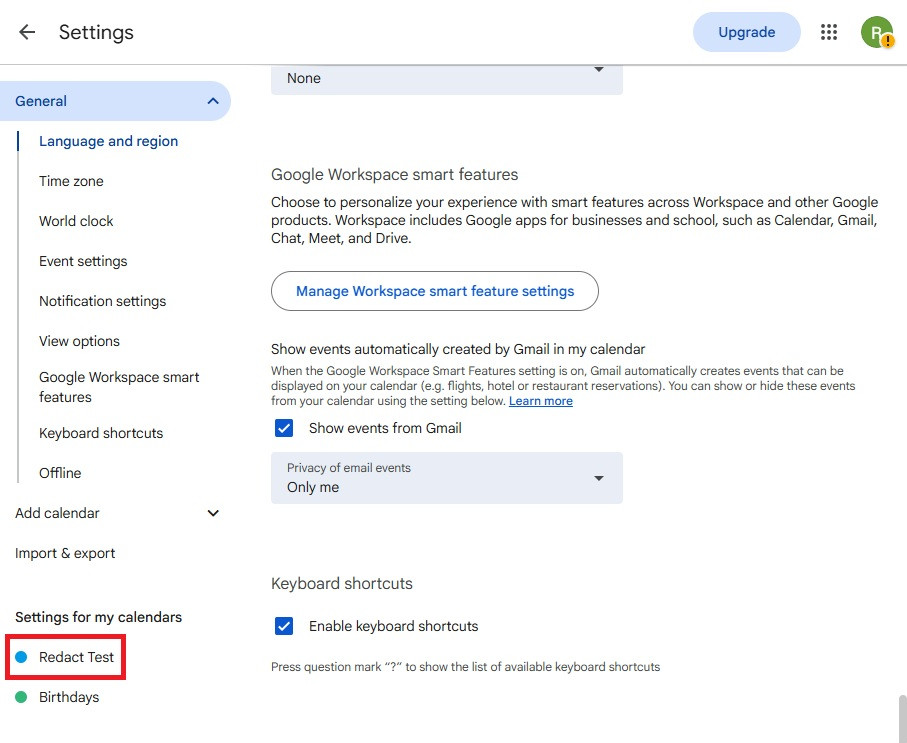 Google Calendar's settings with the account's calendar highlighted under Settings for my calendars