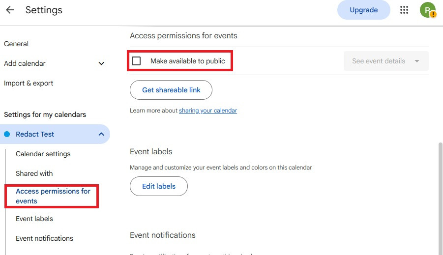 A calendar's Access permissions for events with Make available to public unchecked