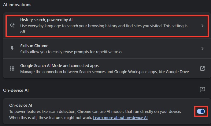 Chrome's AI innovations page with History search, powered by AI showing This setting is off and the On-device AI setting highlighted