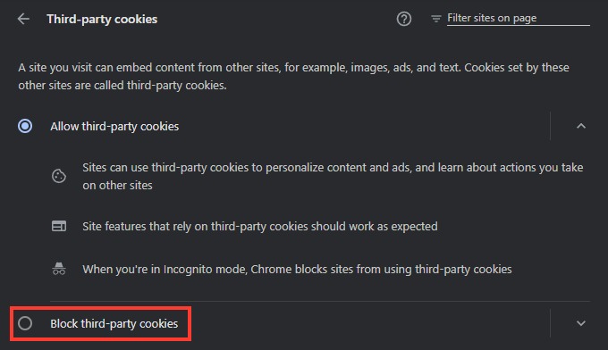 Chrome's Third-party cookies page with Block third-party cookies highlighted