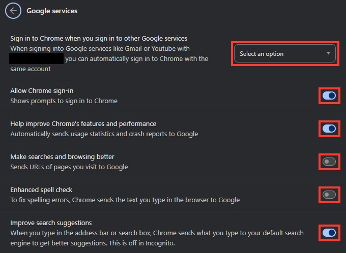 Chrome's Google services settings with the sign-in menu and the five settings under it highlighted