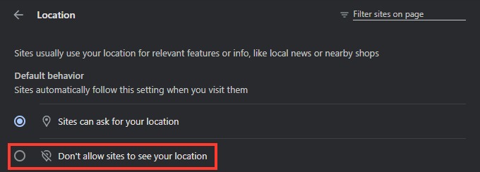 Chrome's Location settings with Don't allow sites to see your location highlighted