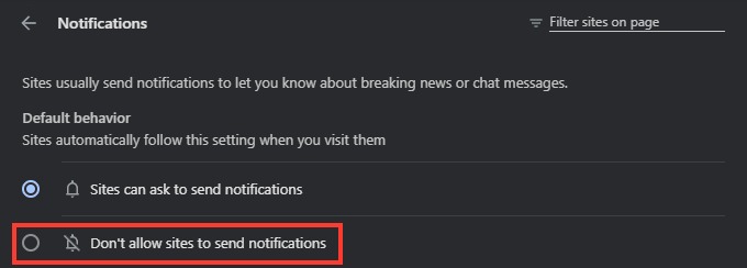 Chrome's Notifications settings with Don't allow sites to send notifications highlighted