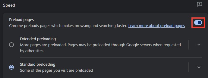 Chrome's Performance settings with the Preload pages setting under Speed highlighted