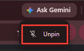The Ask Gemini button at the top of Chrome with its Unpin option highlighted