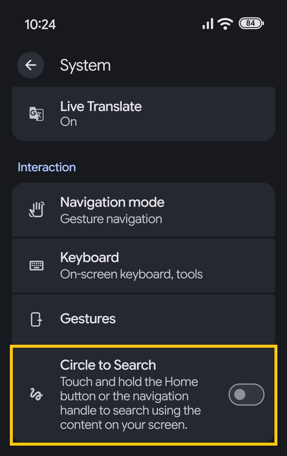 A Pixel's System settings with Circle to Search turned off