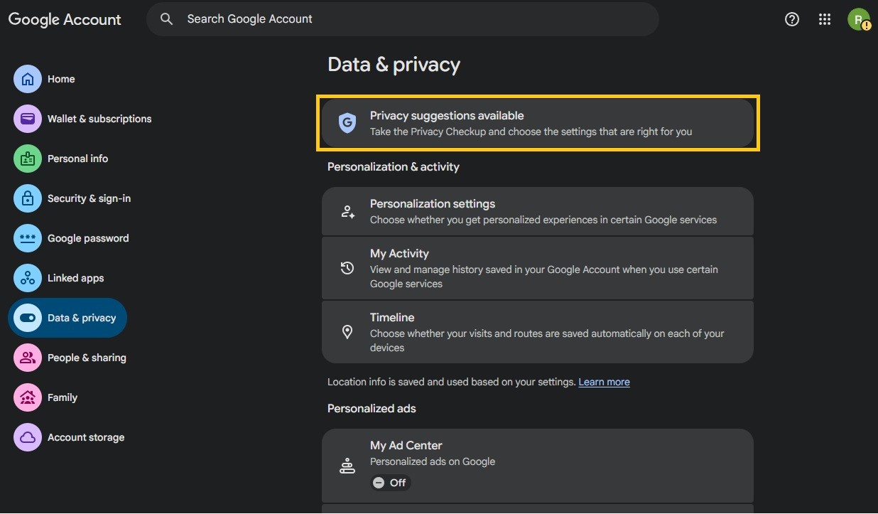 The Data & privacy page with the Privacy suggestions available card highlighted at the top